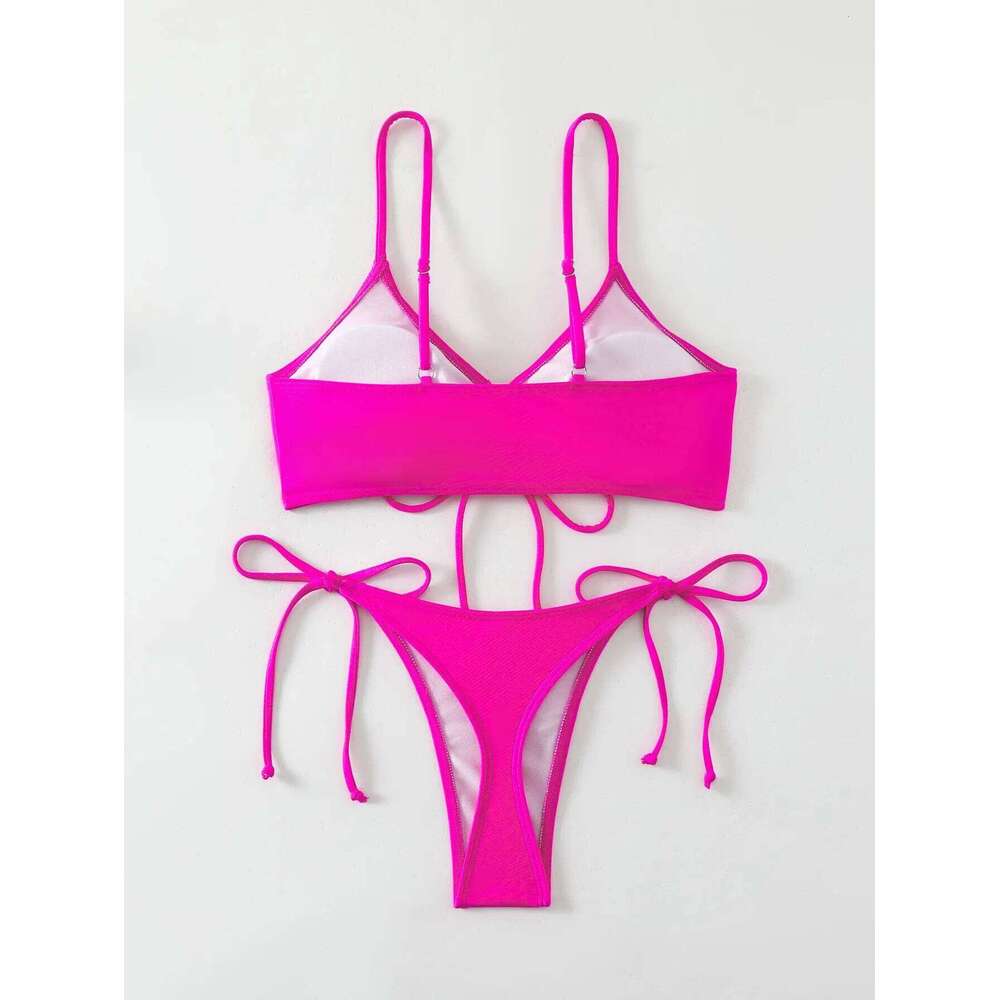 sexy rose red drawstring halter string bikinis sets two pieces tie padded thong swimwear female bathing suit biquini tankini C260207