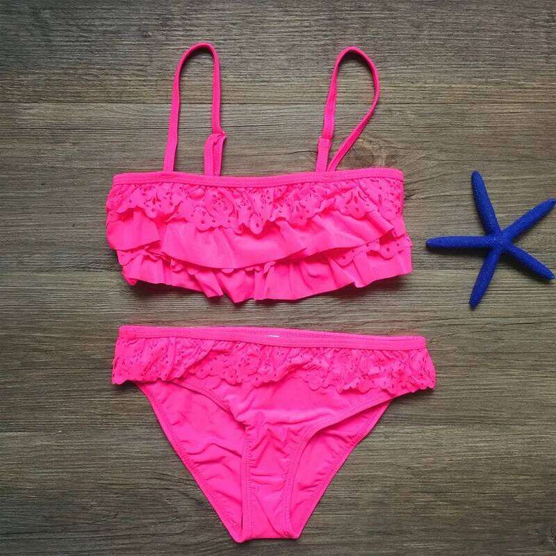 Girl Biquini Bathing Suit Teenagers Solid 2 Pieces Swimwear For Children Split Bikinis Set Kids Hollow Swimsuit Tankini C260207