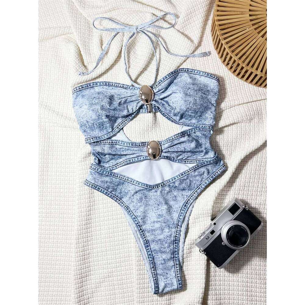 Sexy Hollow Out Twist Bikini Denim Print Halter String Bandeau Swimsuit High Cut Swimwear Women Trend Bathing Suit Beach Biquini C260207