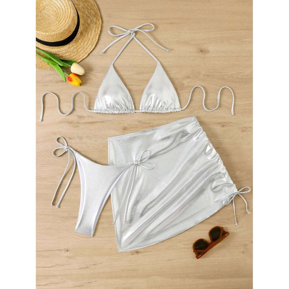 2025 New 3 Pieces Swimsuit Women Thong Swimwear Sexy Bronzing Bikini Set With Sarong Mini Skirt Beachwear Bathing Suit Gold C260207