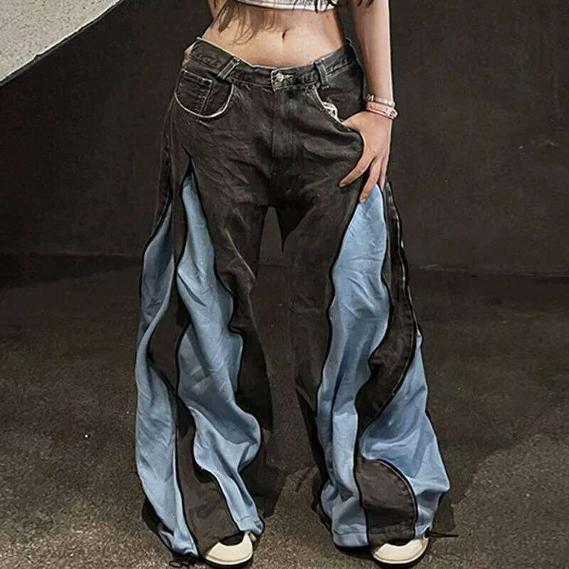 American Street Color Stitching Washed Jeans Female Y2K Harajuku Hip Hop Popular Baggy Slim Spice Girl Wide-leg Mop Pants
