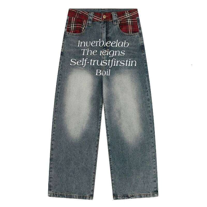 New retro plaid splicing waistband jeans fashionable street letter print loose wide pants for men and women