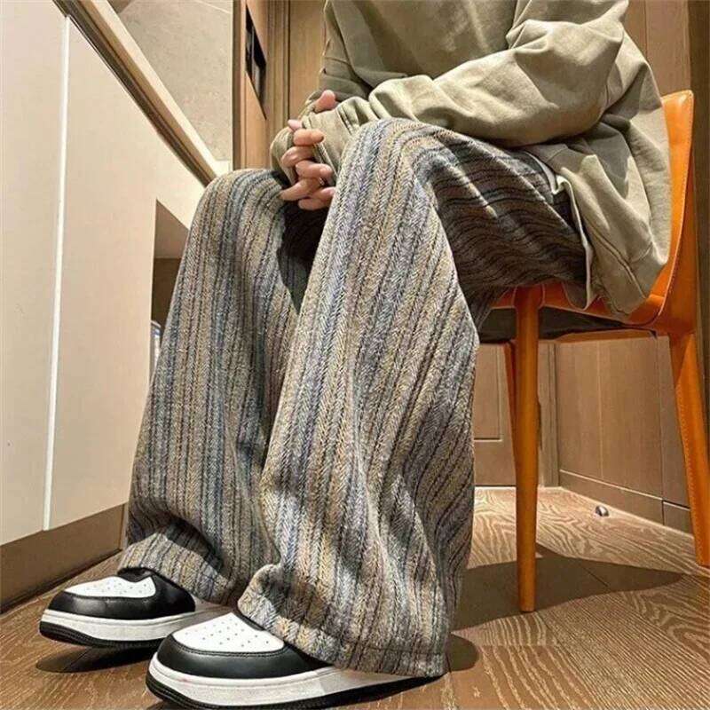 2026 New Men's Striped Woolen Straight Leg Trousers Classic Y2K Vintage Baggy Pants Casual High Street Fashion Gym Sweatpants
