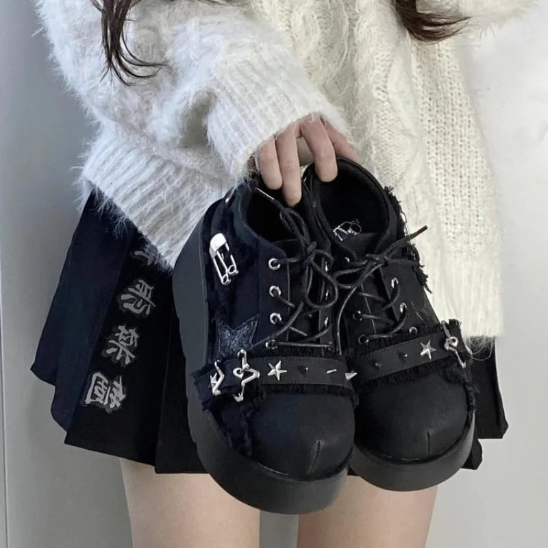 Punk Metal Chain y Platform Ankle Boot 2025 Autumn Y2K Thick Bottom Denim Boots Woman Black Gothic Lolita Shoes 260208