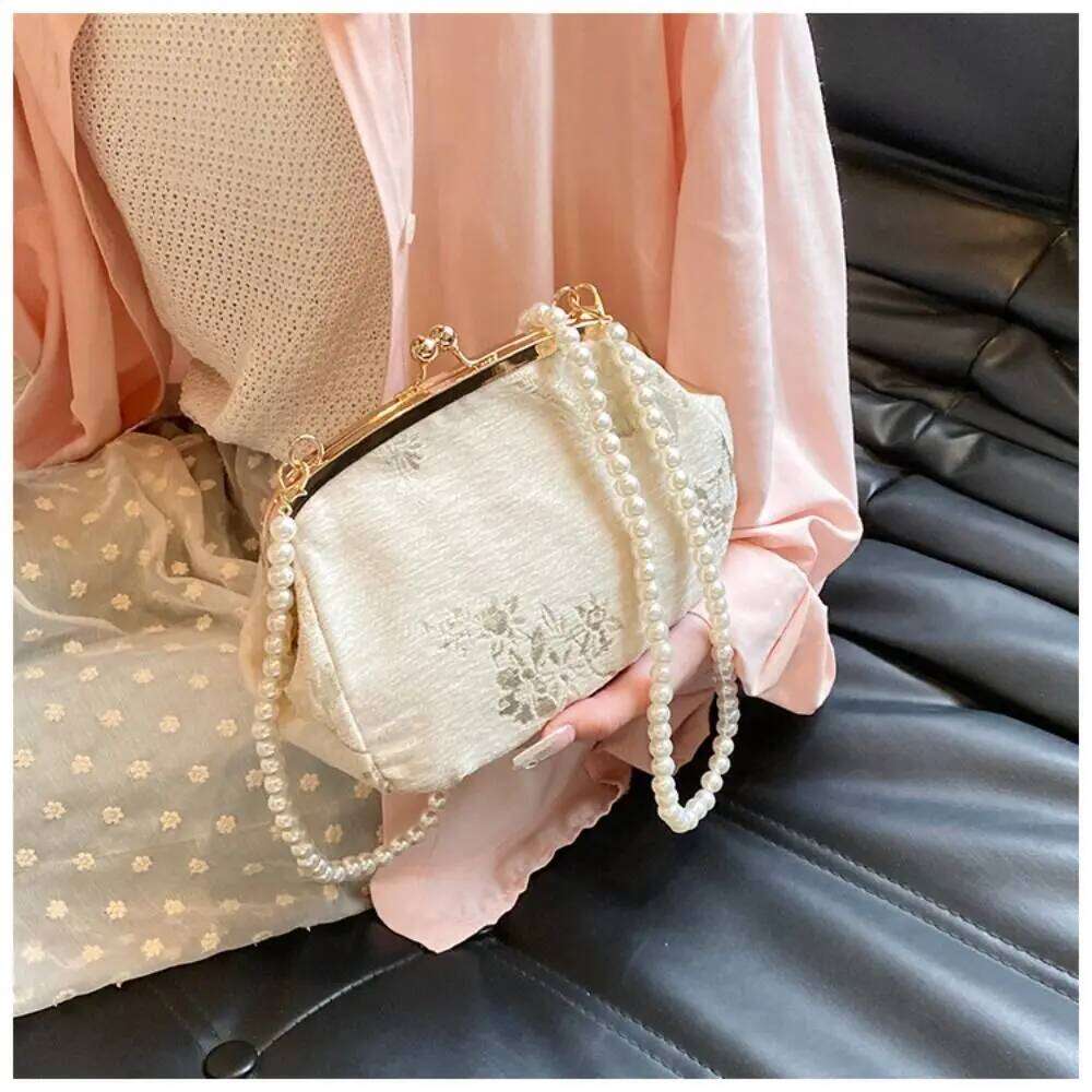 Portable Embroidered Chinese Style Pearl Chain Purses Hanfu Embroidery Handbag Canvas Shoulder Cheongsam Bag Party