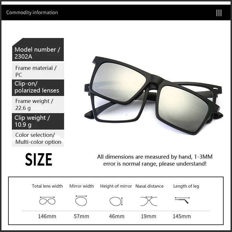 2302A 2 IN 1 Polarized Sunglasses Square Frame Magnetic Clip On Glasses TR90 Optical Prescription Eyeglass Frames Magnet Clips Y260207