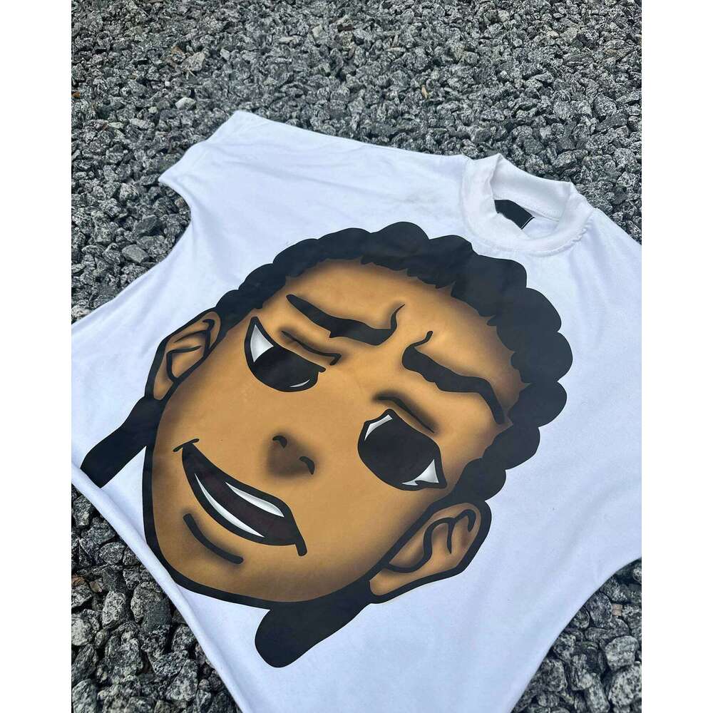 Y2k Streetwear Hip-hop Cartoon Big Head Print Pattern for Women Gothic Casual Loose Short Sleeved T-shirt Top 2000s C260207