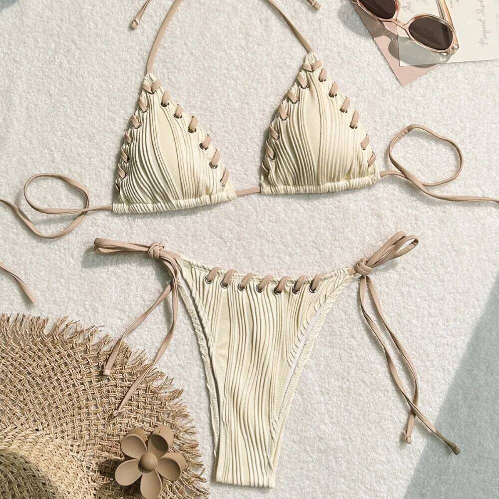 Bikinis Women Swimsuit Sexy Halter Triangle Lace Up Thong Micro Bikini Set Summer New Beachwear 2 Piece Bathing Suit C260207