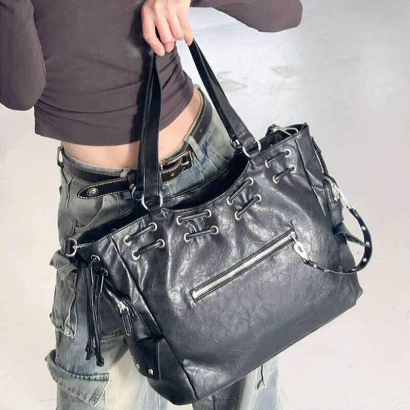 SHELKSBAG Y2k Style Studded String Large Capacity Handbags Woman Pu Leather Shoulder Bag Cool Girls Purse Streetwear Tote Bags C260207