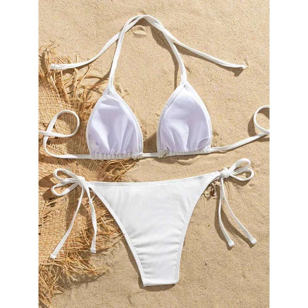 Shell Decoration Ribbed Women Swimwear Female Swimsuit Two-pieces Bikini Set Halter Strappy Bather Bathing Suit Swim Lady C260207