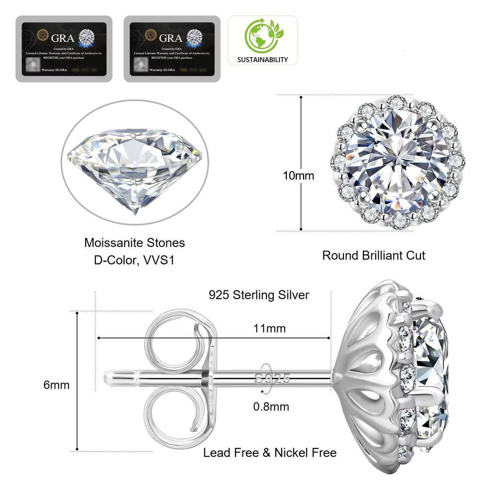 2Ct Big Moissanite 925 Sterling Silver Women Girl Men Jewelry Gold Plated Round Cut Lab Diamond 6.5Mm Halo Stud Earring