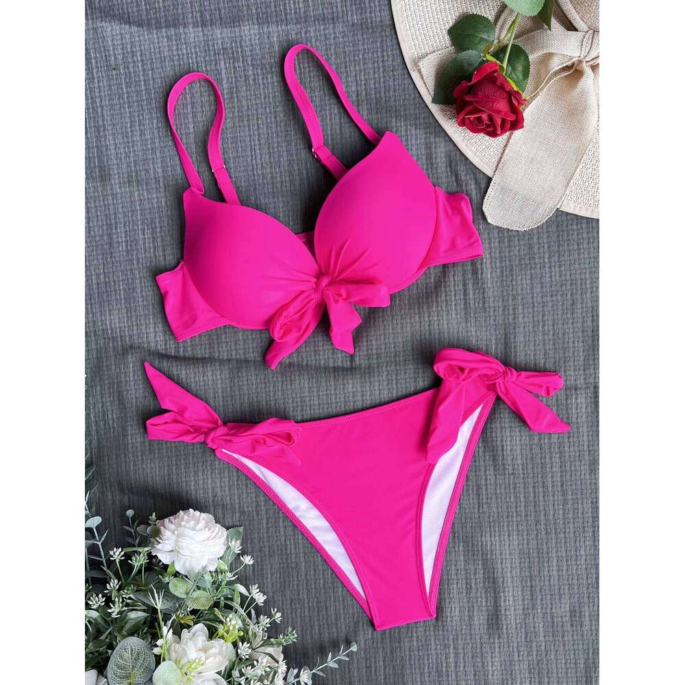 sexy front bow knot push up bikinis two pieces solid tie swimsuit Swimwear Biquini conjunto de bikini tankini C260207