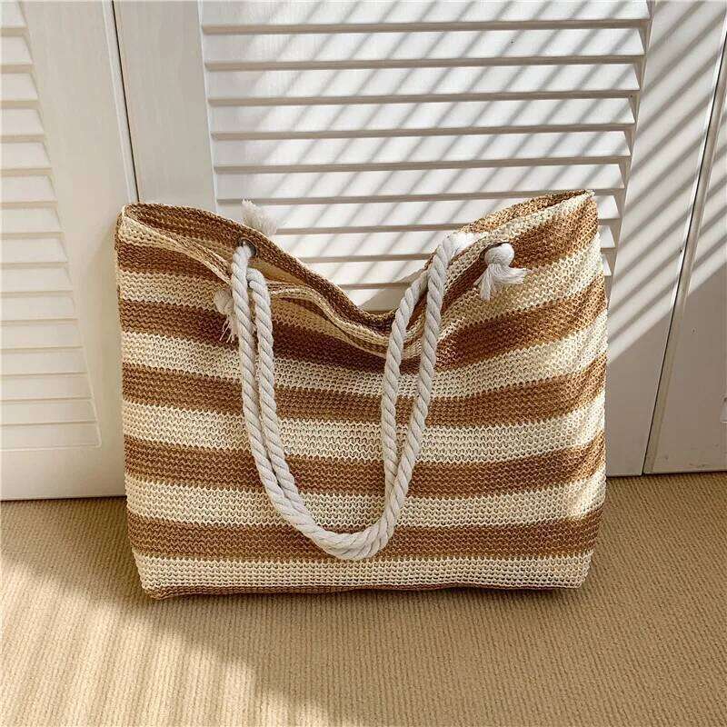 Women Straw Color Contrast Beach Handbag Large Capacity Simple Shoulder Ladies Summer Daily Bag C260207