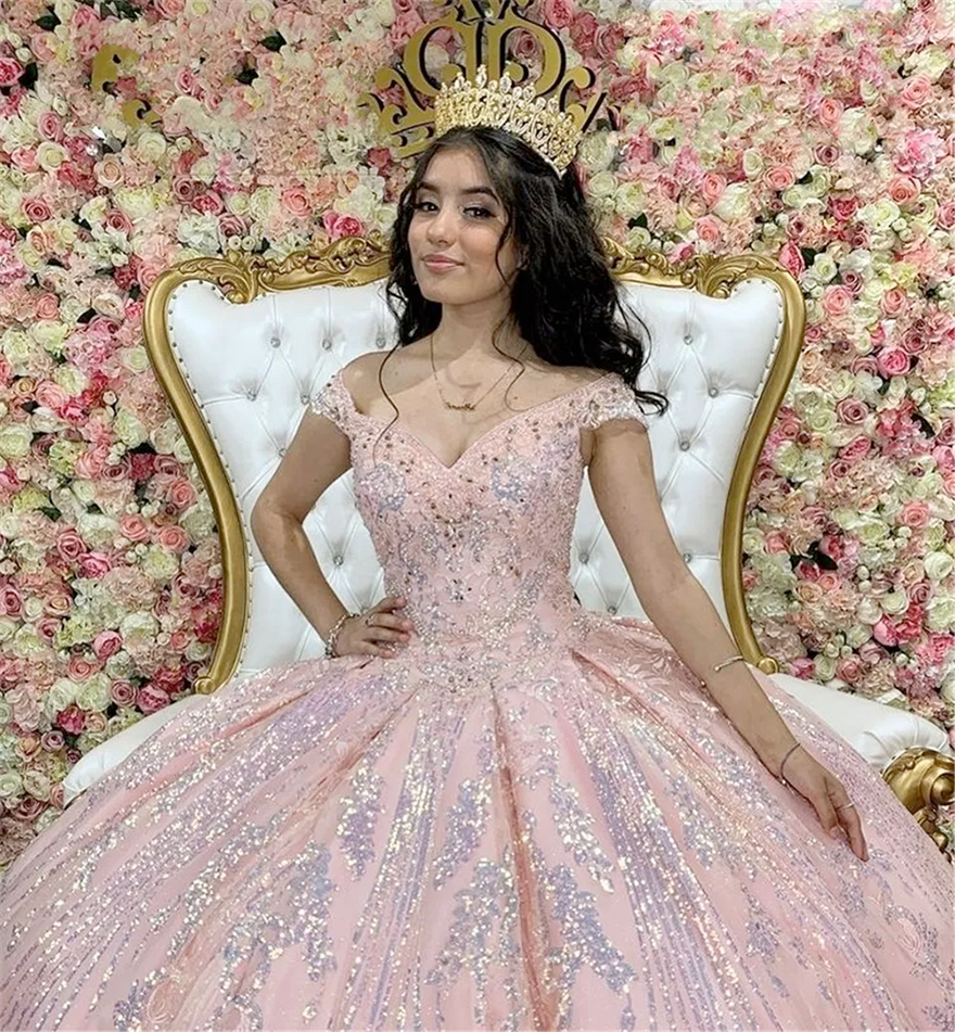 Sparkly Pink Sweet 16 Ball Gown Quinceanera Dresses Beaded Sequins Sleeveless Vestido De 15 Anos Quinceanera N0114