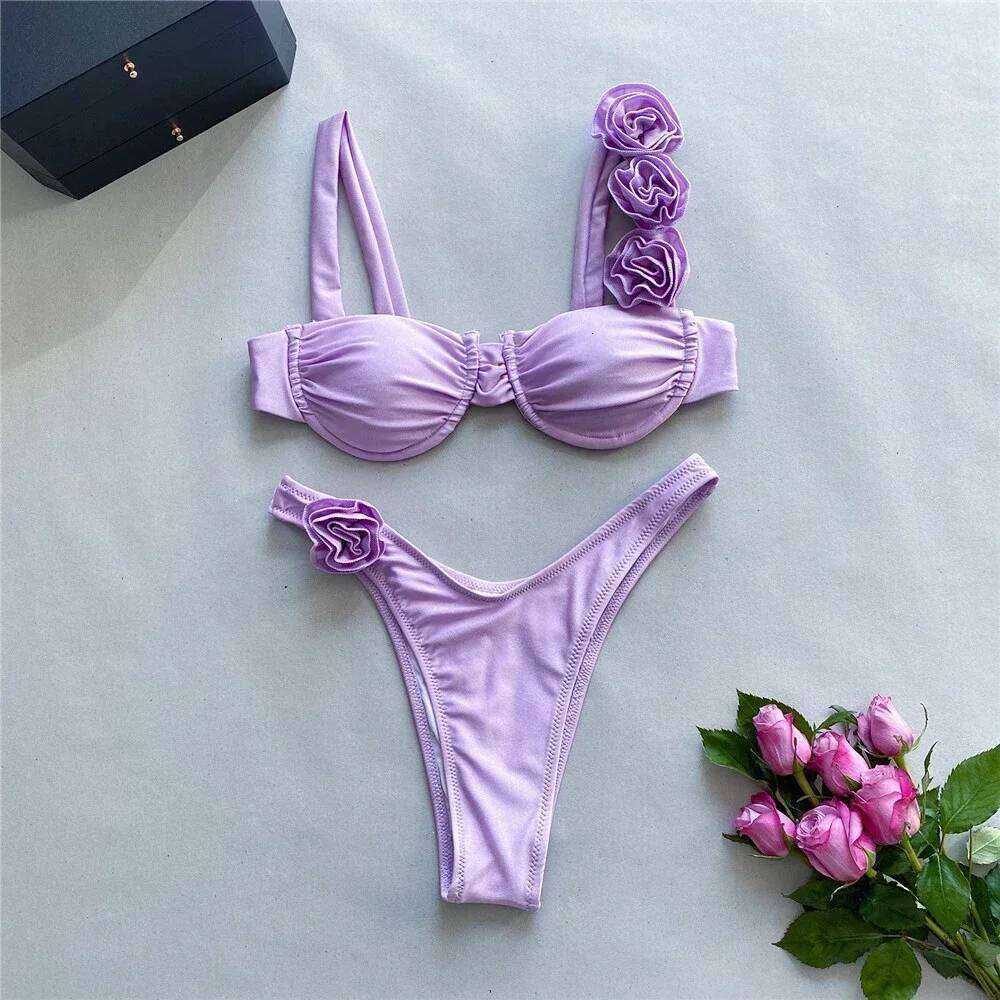 Sexy 3D Flower Rose Red Push Up Bikinis Sets Woman Swimsuit 2025 High Leg Cut Swimwear Underwire Bathing Suit Micro Bikini Mujer C260207