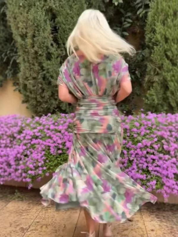 2026 Floral Print High Waist Pleat Party Dress Elegant Women Bat Sleeve Swing Casual Dress Female Chest Low Cocktail A-Line Dress R260208
