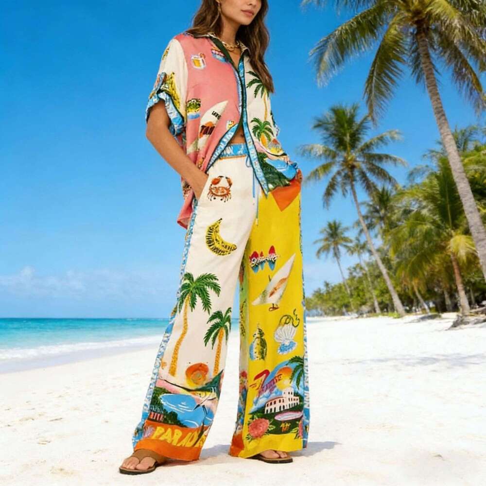 Spring Summer New Printed Cardigan Long Loose Fitting Light Luxury Two Piece Fashion Casual Suit European And American Cross Border Womens Clothing Lu