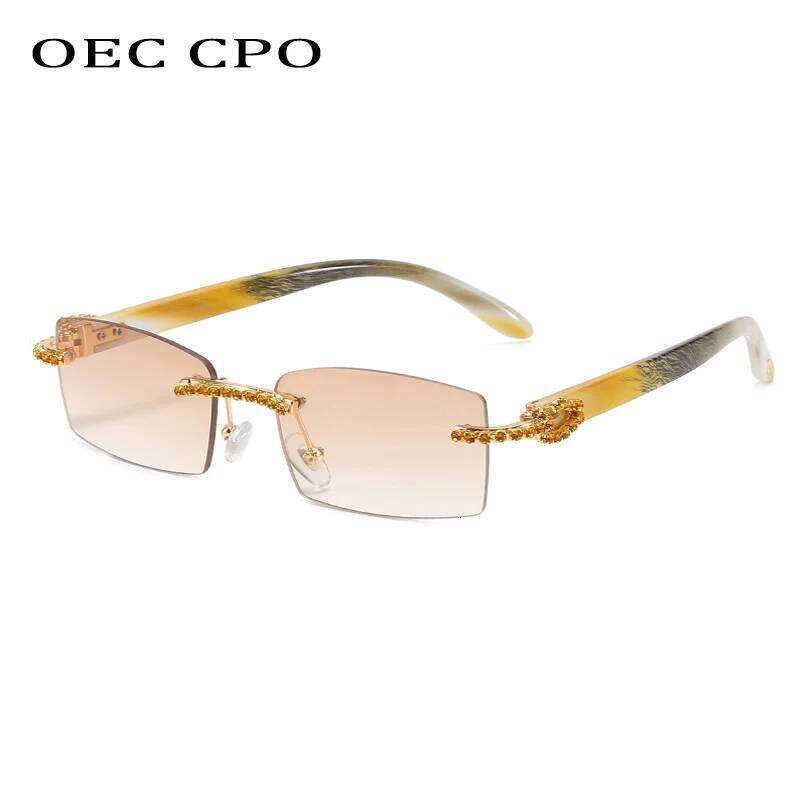 OEC CPO Rimless Diamond Sunglasses Women Vintage Rectangle Sun Glasses Female Shades Rhinestone Square Eyewear Gradient Colors Y260207