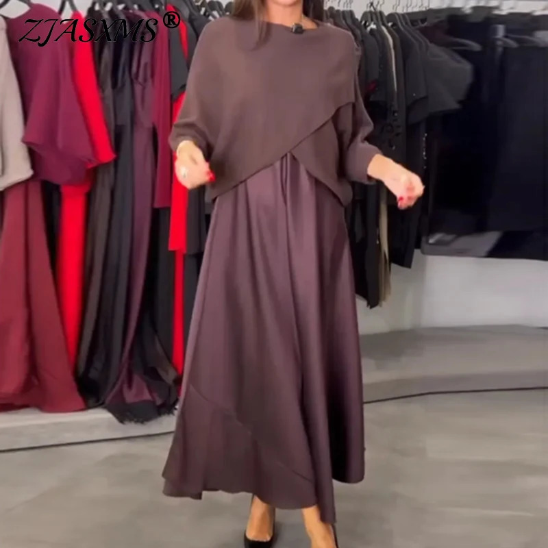 Fashionable Cross Tops Patchwork Satin Dress Two Piece Dresses Women Elegant O Neck Half Sleeve Loose Boho Long Mujer 260127