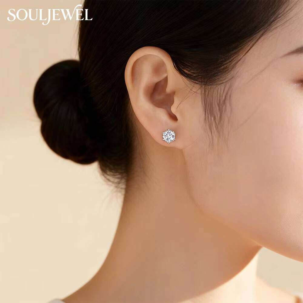 925 Sterling Silver Rhodium Plated Moissanite Solitaire Stud Earrings Sculpted Six Claw Flower Setting GRA Certified Women's