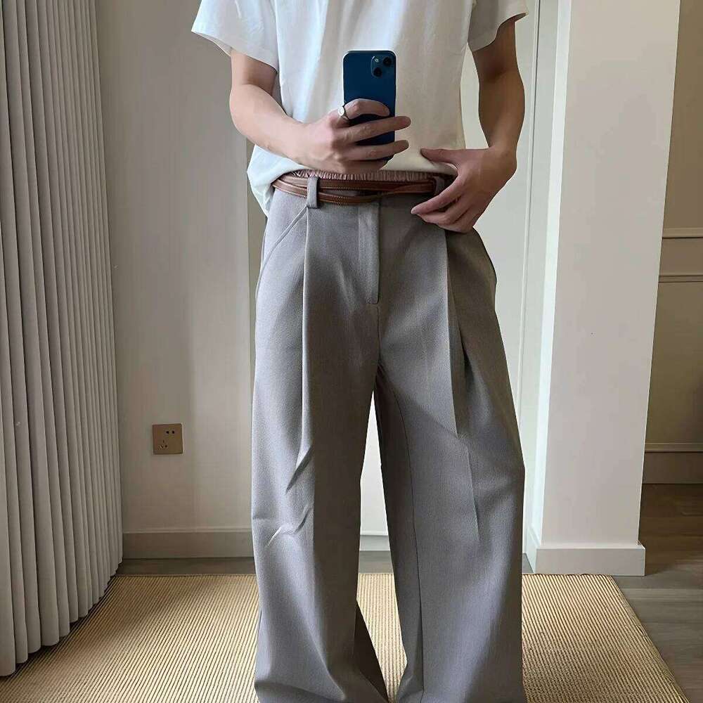 Retro Japanese Style Double Fold A- Line Straight Leg Pants Unisex Grey Draping Loose Fit Casual Trousers for Commuting
