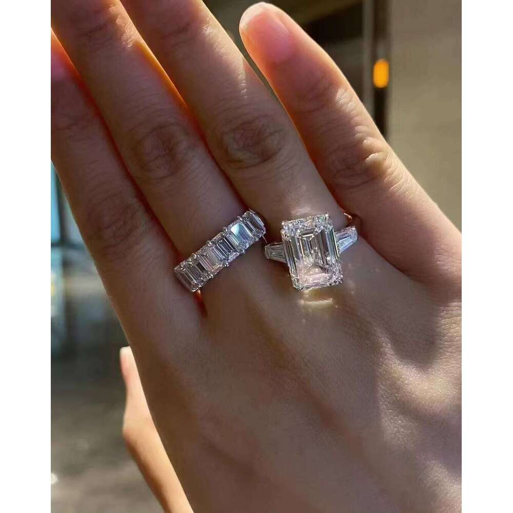 Custom Eternity Band Wedding Rings 14K 18K Emerald Cut Lab Grown Synthetic Diamond Gold Ring