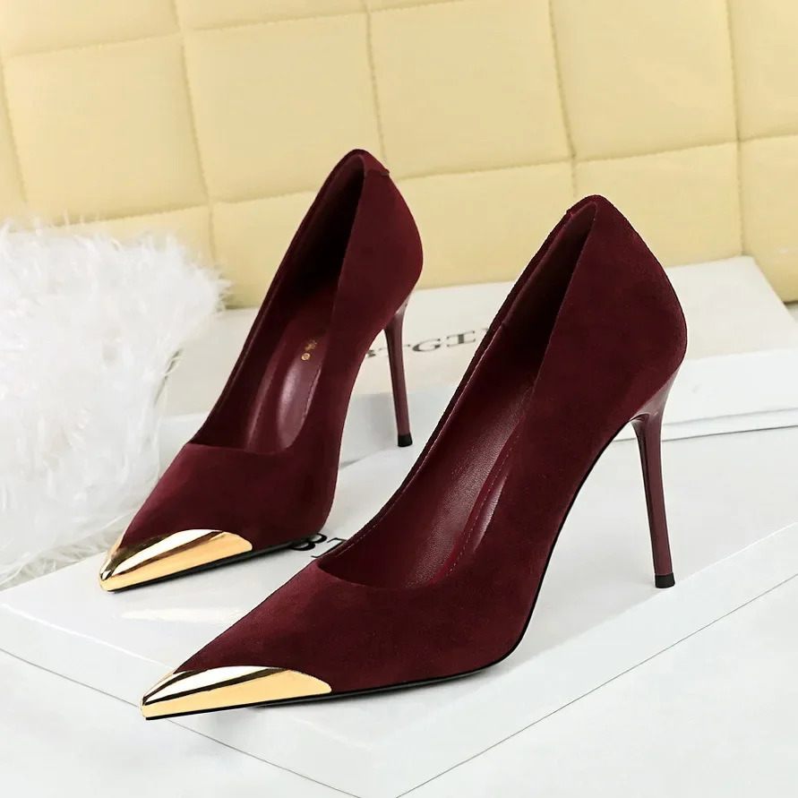 BIGTREE Sexy Fashion metal pointed toe Banquet Womens Pumps Spring Thin High Heels Ladies Stiletto Dress Shoes Black 260123
