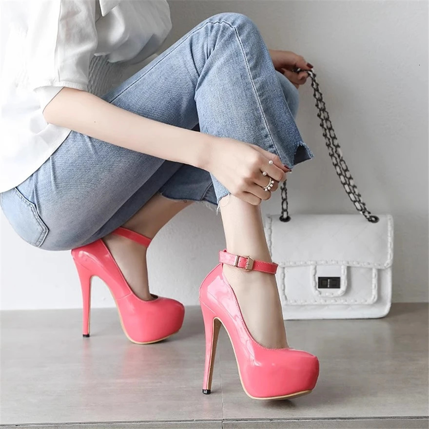 Womens Patent Leather Shoes Fashion Platform Shallow Women Pumps Concise Buckle Super High Heels Party Female 260208