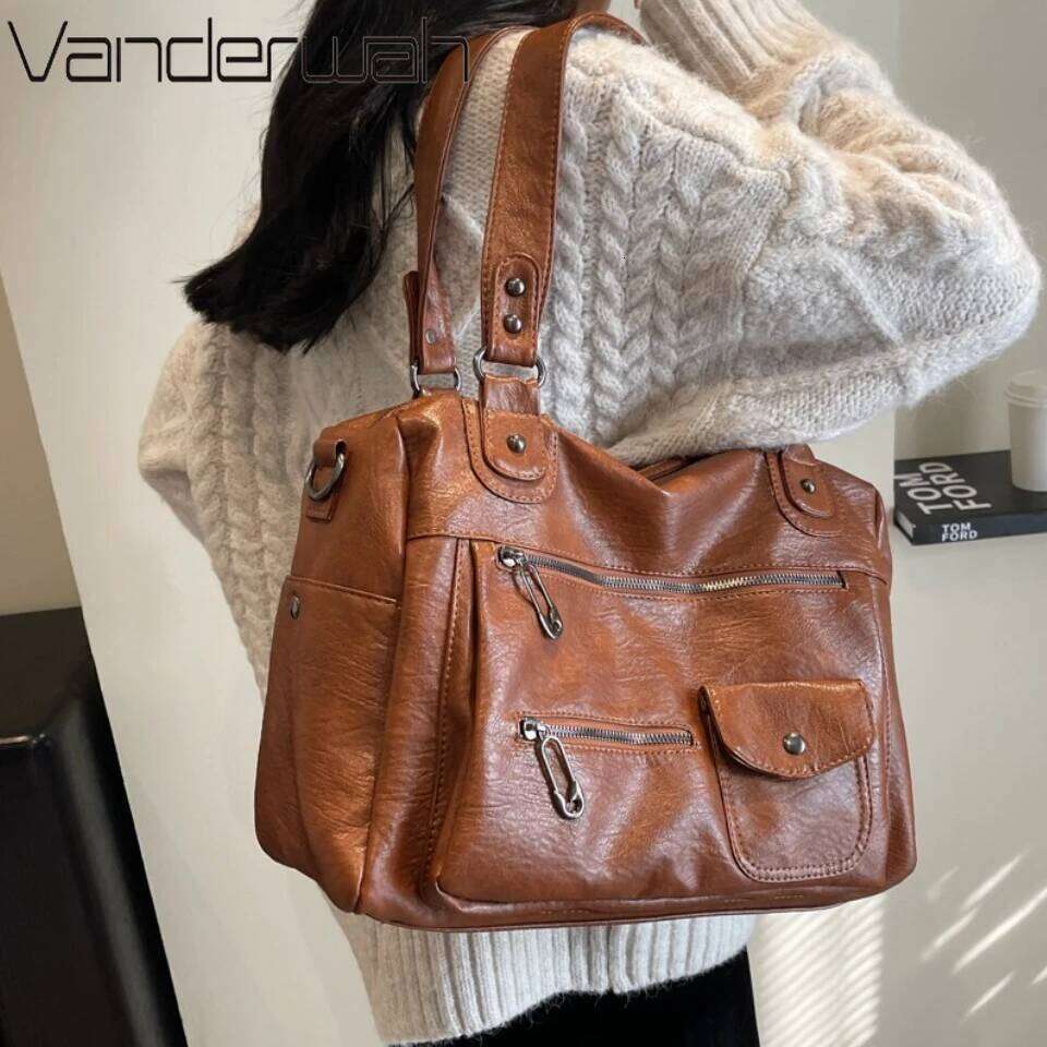 Y2K Hot Girl Single Shoulder Crossbody Bags Vintage Washed Pu Leather Armpit Tote Large Capacity Multi Pocket Commuting Bag C260207