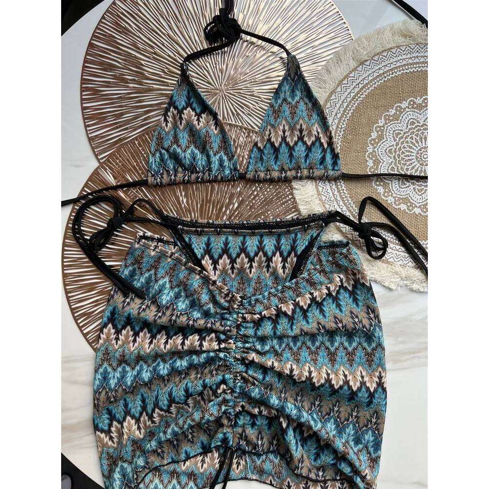Women Colored Maple Leaves Knitted Skirt Three-Piece Set Split Swimsuit Bikini C260207