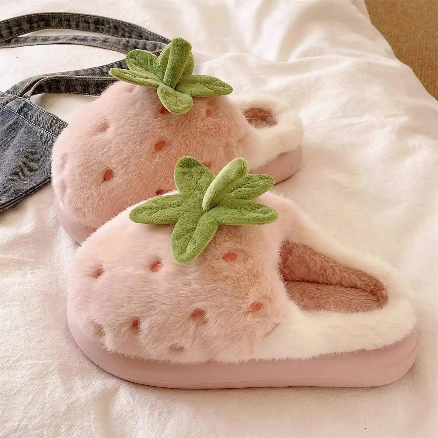 Winter Womens Furry Cotton Home Slippers Cute Strawberry n Warm Thick Soled Anti Slip Indoor Household Outdoor Wearable 260208