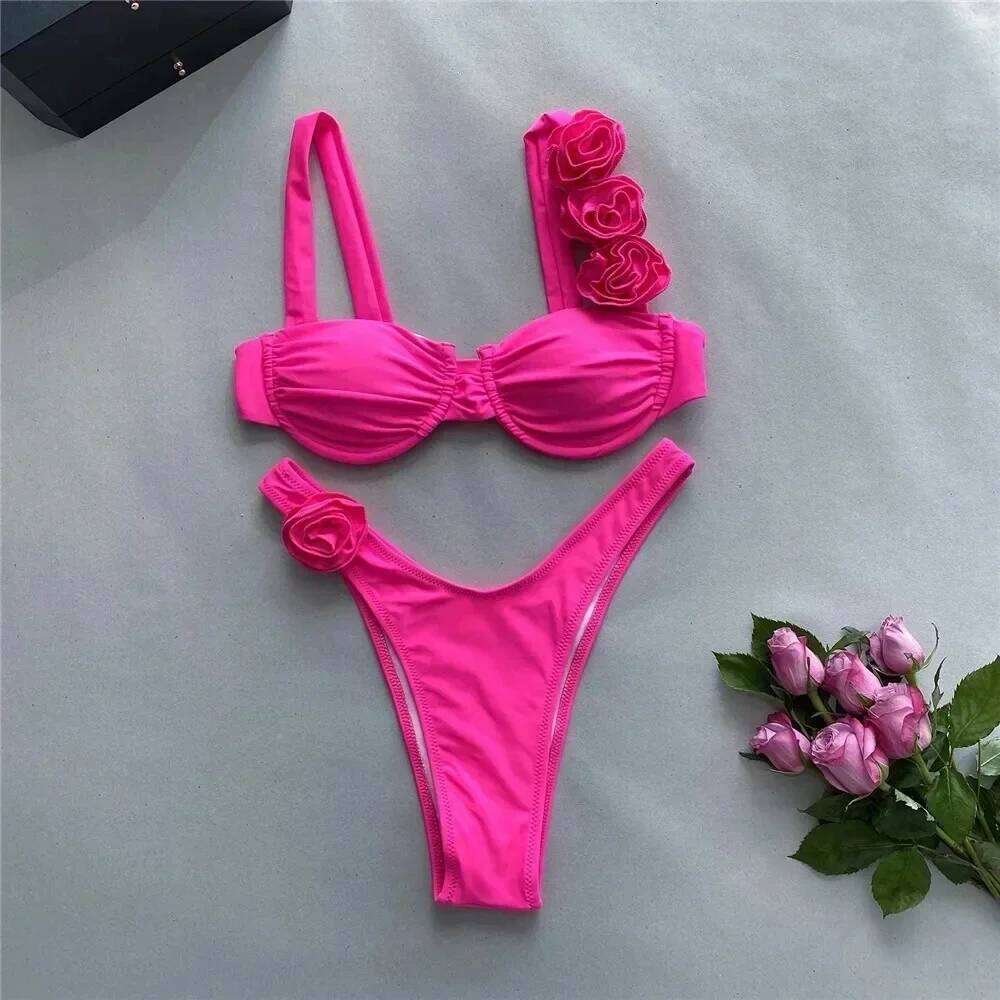 Sexy 3D Flower Rose Red Push Up Bikinis Sets Woman Swimsuit 2025 High Leg Cut Swimwear Underwire Bathing Suit Micro Bikini Mujer C260207