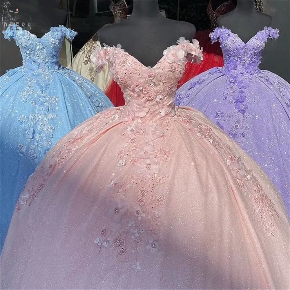 Quinceanera Dresses Glittering Off Shoulder Ball Gown with Appliques Sweet 16 Debutante Party Birthday Vestidos De 15 Anos F07