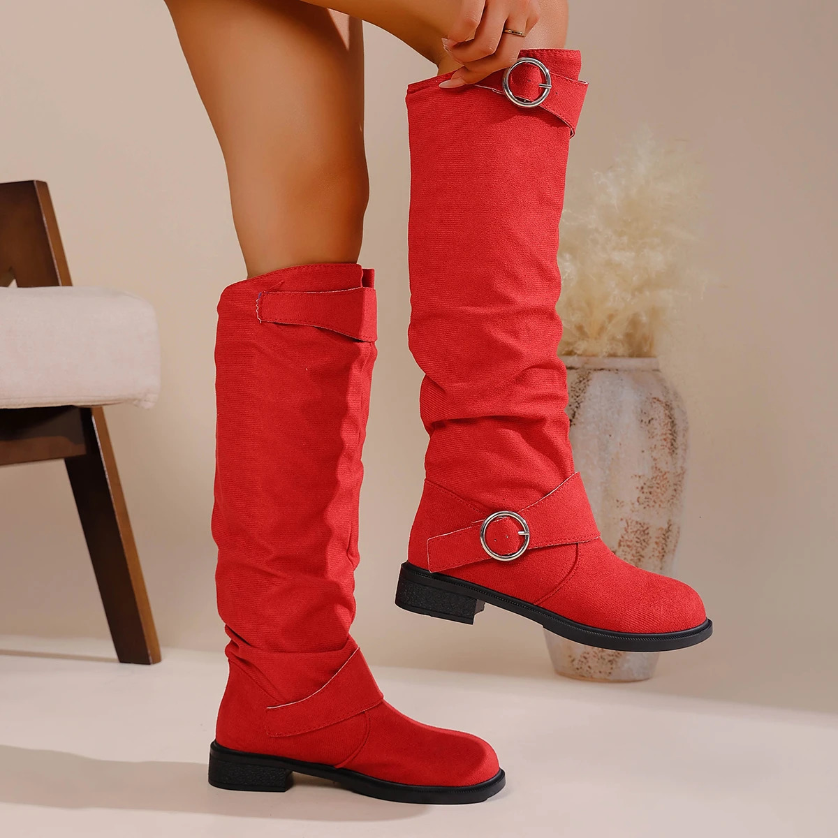 Womens Fashion Boots Winter Casual Round Head Flat Bottom Fold Roman Style Outdoor Joker Plus Size 260208