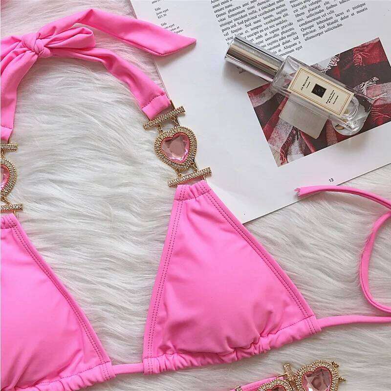 Pink Sexy Bikinis Swimsuit With Heart Rhinestones Women Swimwear Female Push Up Bikini Beach Swim Wear Bathing Suits Pool Bather C260207