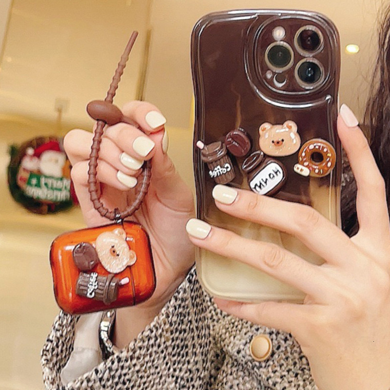 Vintage Coffee Bear Bluetooth Apple Earphone Case AirPods Protective Cover with Unique Lanyard and High-End Feel