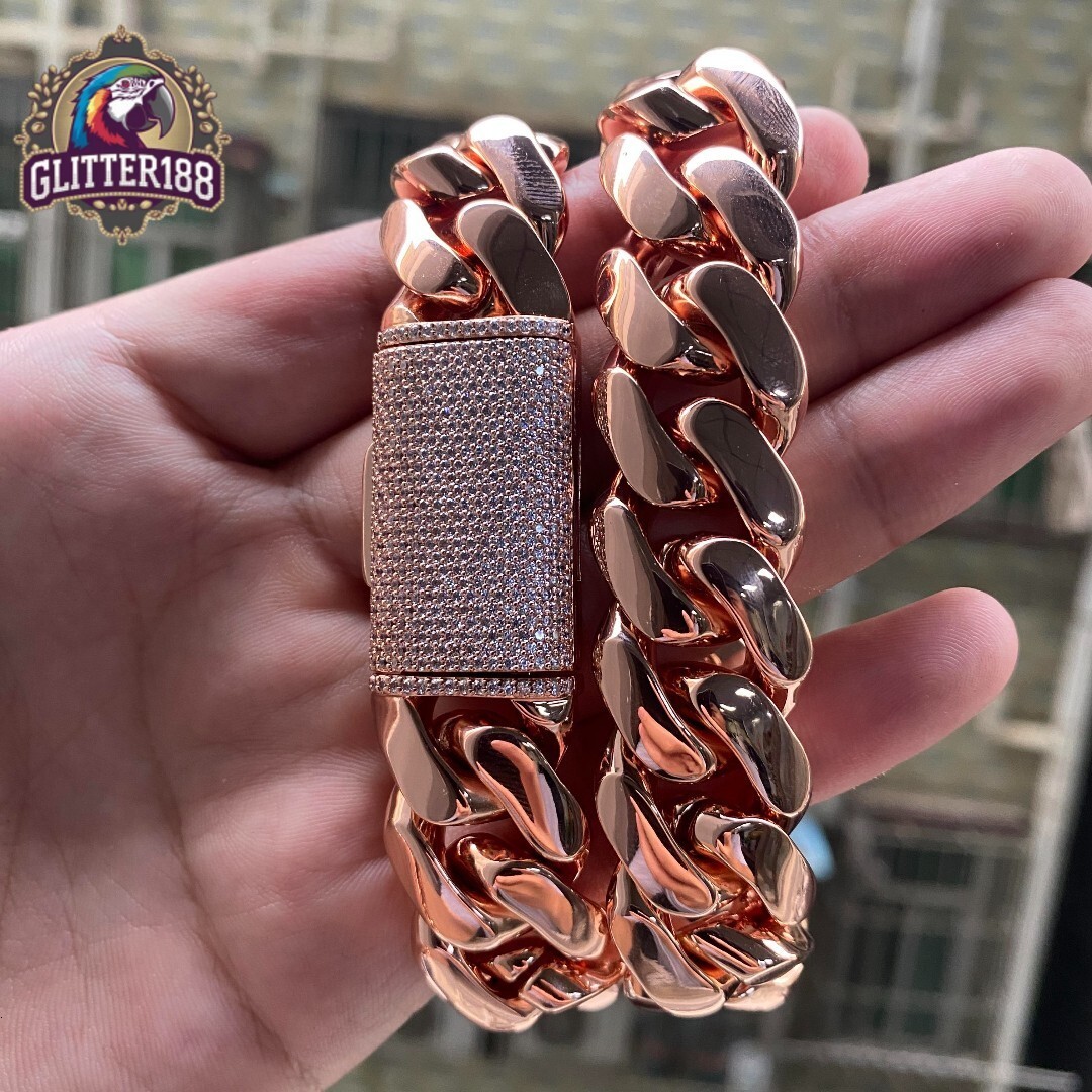 Wholesale Rose Gold Plate Cuban Link Chain Choker Heavy Solid silver Miami Cuban Chains Bracelet for Men Women Cadena De Oro Rosa