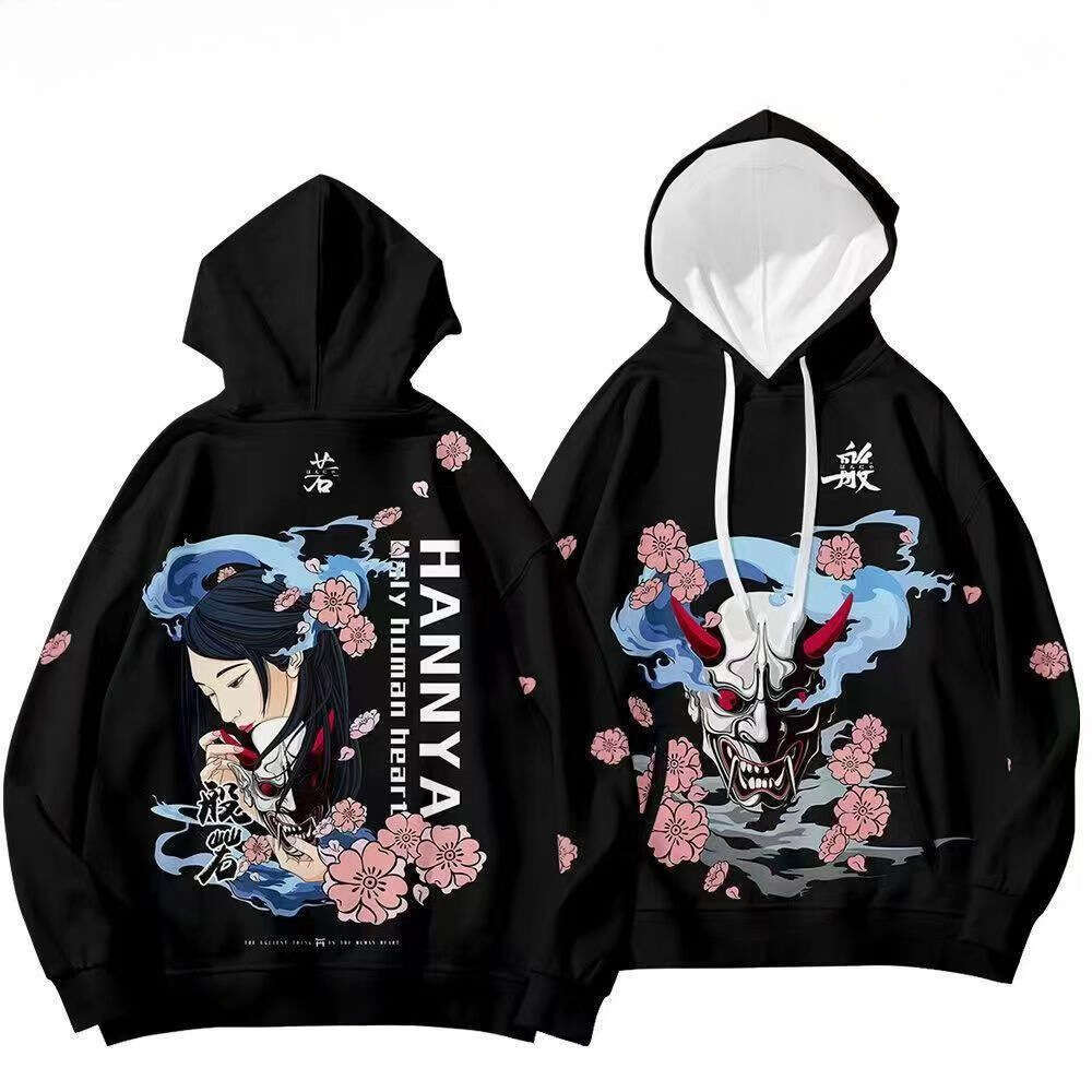 Trendy New Chinese-Style Hoodie With Hannaya Demon Print, Suitable Autumn And Winter, Featuring A Unique Design Inspired By Hundred Demons Of The Nigh