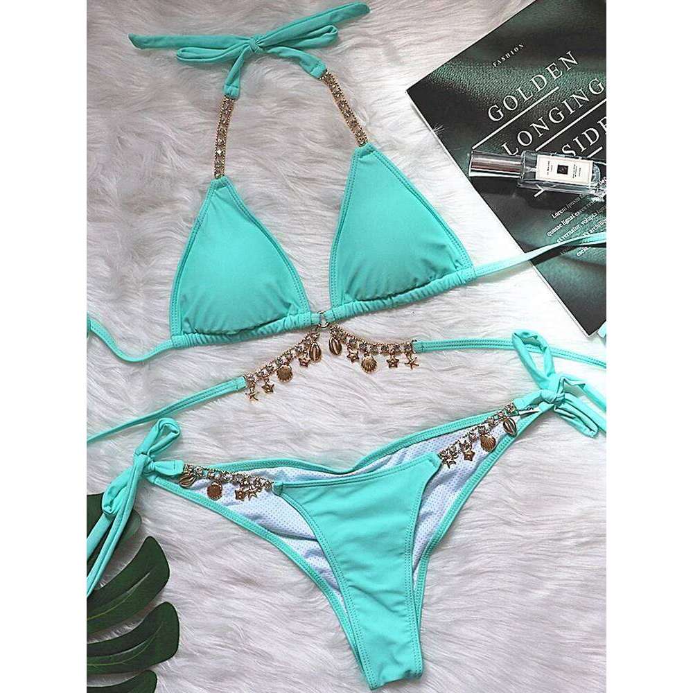 2025 Sexy Crystal Diamond Swimwear Women Swimsuit Chain Bandage Bikini Set Female Push Up Bathing Suits Summer Beach Wear C260207
