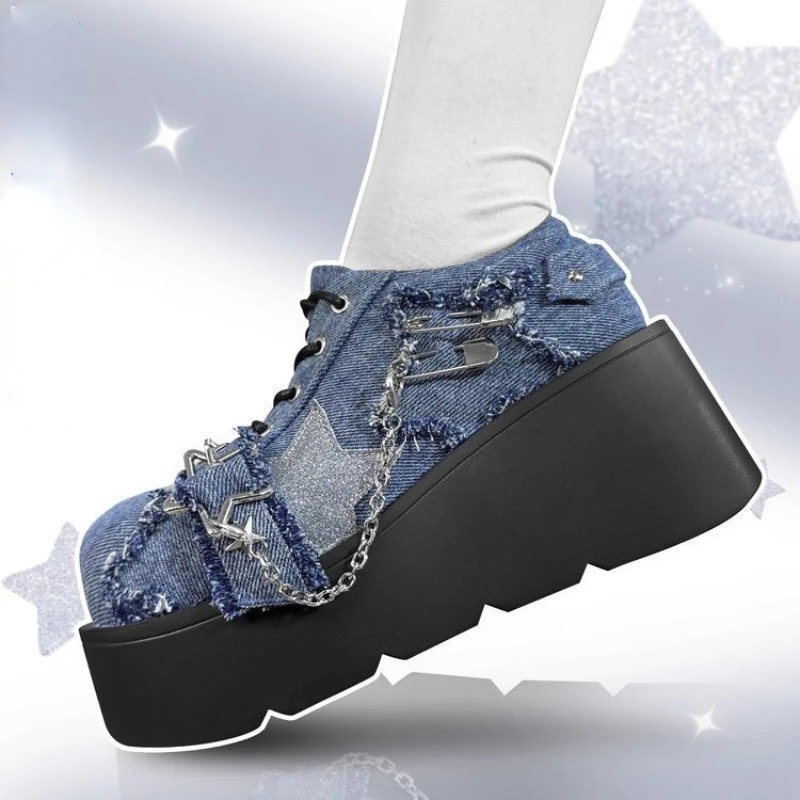 Punk Metal Chain y Platform Ankle Boot 2025 Autumn Y2K Thick Bottom Denim Boots Woman Black Gothic Lolita Shoes 260208