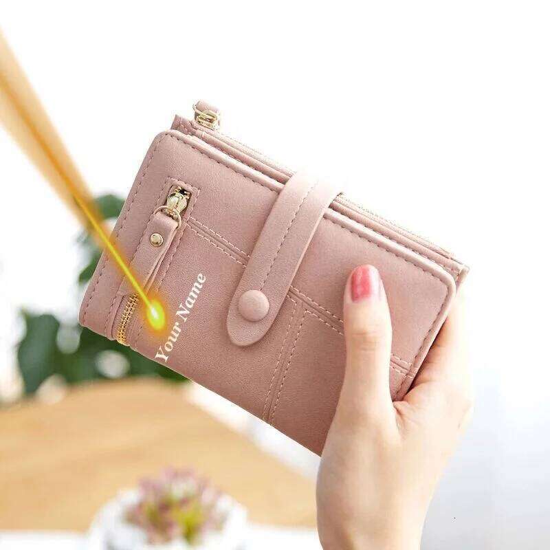 Personalized Name Women's Short Wallet Engraved name Multifunctional Solid Color Stitching Buckle Multi-card Coin Purse Y260206
