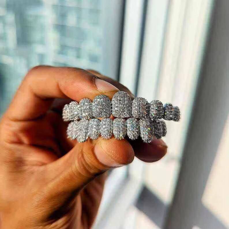 Custom 925 Silver Rhodium Plated Round Brilliant Cut VVS Moissanite Iced Out Grillz Teeth Men Hiphop Rapper Jewelry