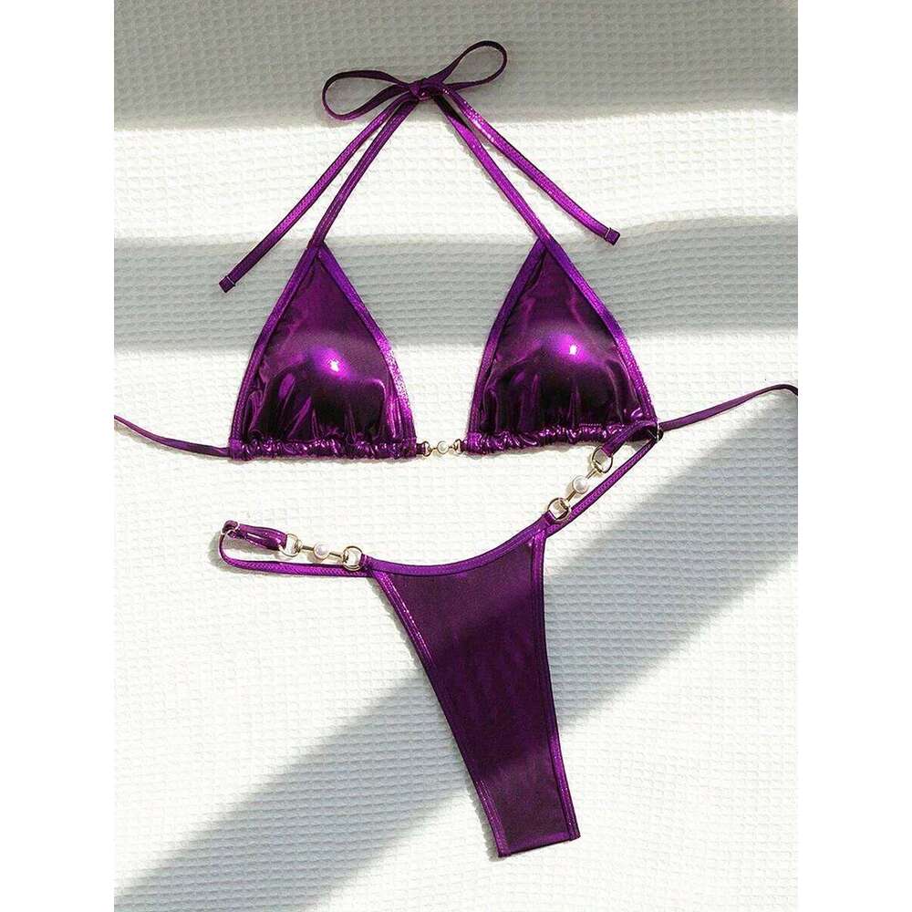 Sexy Micro Bikini 2024 Women Swimwear Metallic Halter Triangle Bikinis Sets Thong Swimsuit Female Bathing Suit Brazilian Biquini C260207