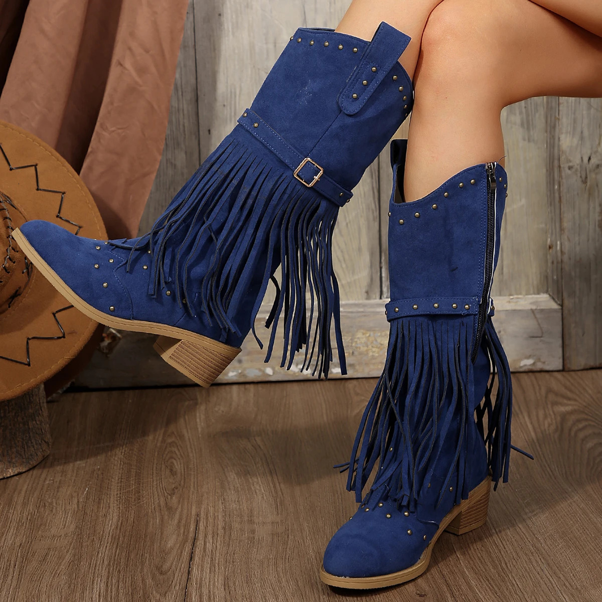 2025 Winter Women Fringes Thick Heel High Boots Suede Pointed Toe Outdoor Fashion Platform Shoes Willow Nails Pump 260208