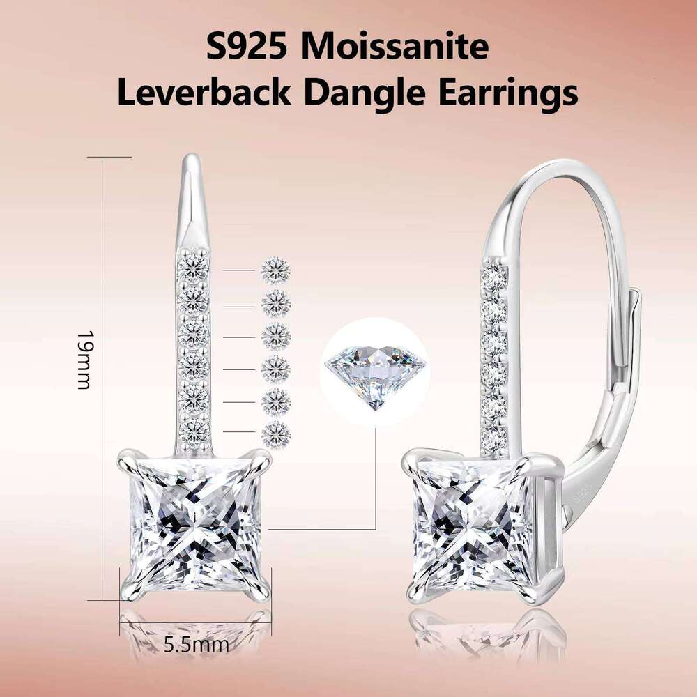 Princess Cut Moissanite Dangle 14K Gold Plated 925 Silver 1.2Ct/2.0Ct VVS Lab Diamond French Leverback Drop Earring For Women