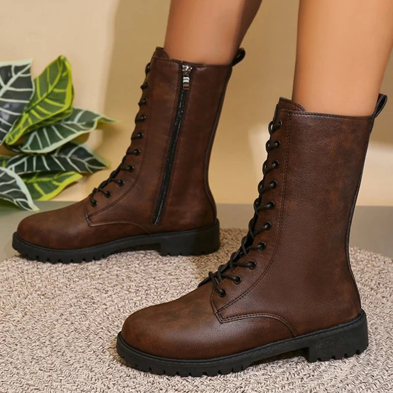 Fashion Lace Up Zipper MidiCalf Boots for Women Autumn Winter 2025 Solid Platform Modern Woman Square Heel Botas Mujer 260208