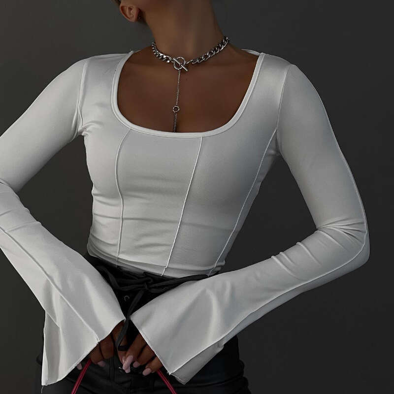 European and American women's fashion Amazon new square-neck pullover slim-fit long-sleeve knitted top T-shirt for hot girls