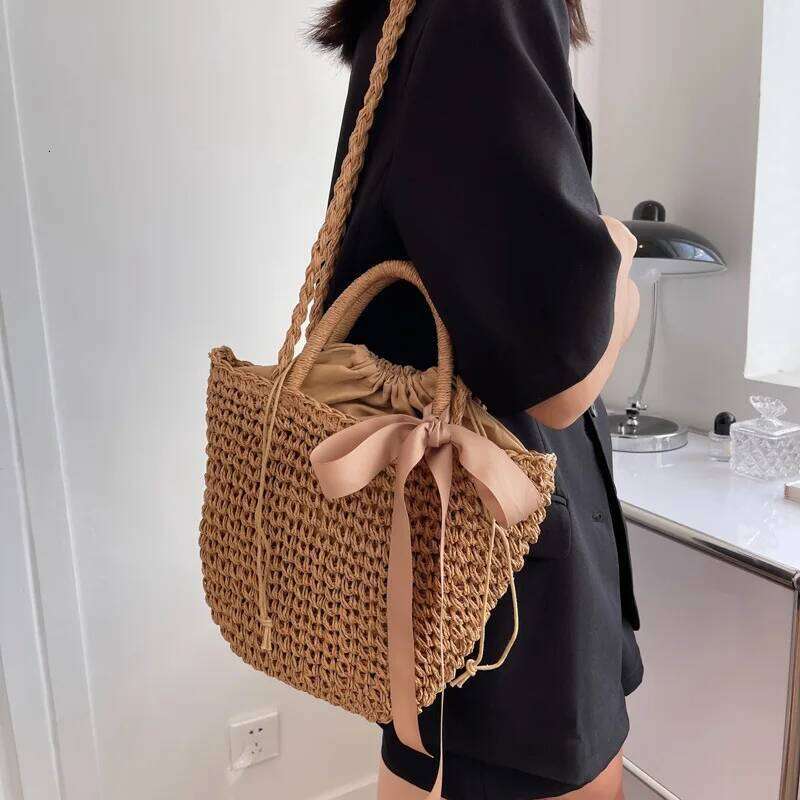 Bow Decors Bucket Shoulder Bags Handmade Straw Hollow out Summer Female Travel Beach Bag Purse Vintage Handbags Bolsa C260207