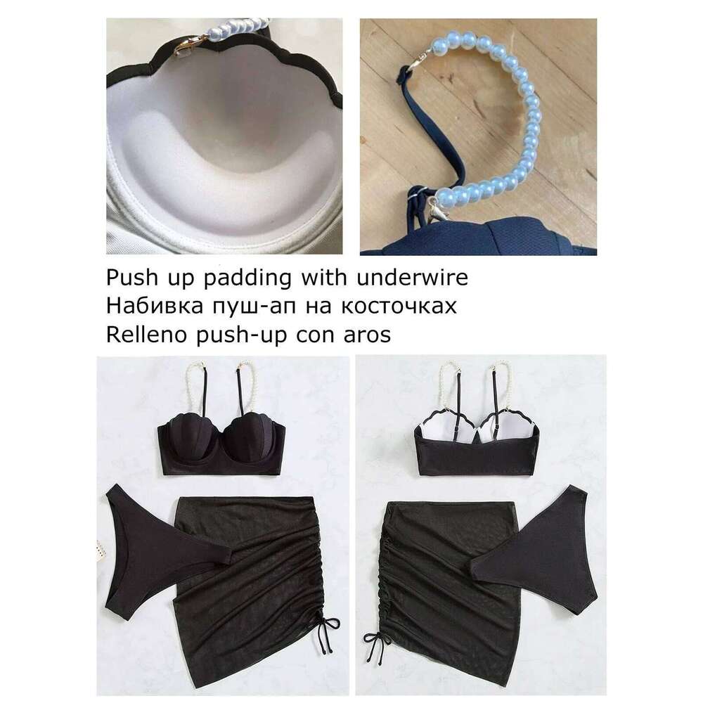 2024 New Sexy 3 Piece Bikinis Set Women Swimsuit with Skirt Swimwear Female Push Up Bikini Beachwear Faux Pearl Bathing Suit C260207