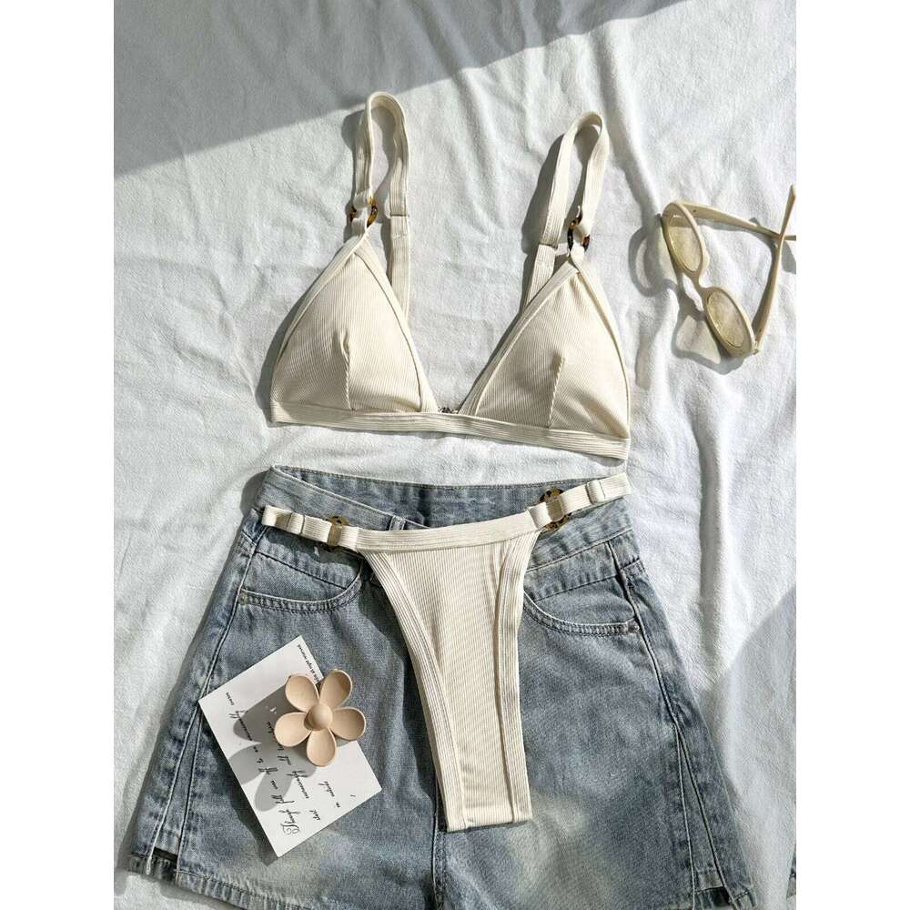 Sexy Khaki Patchwork Micro Bikini 2026 Women Brazilian Push Up Bra Metal Circle Thong Swimsuit Bathing Suit Holiday Swimwear C260207
